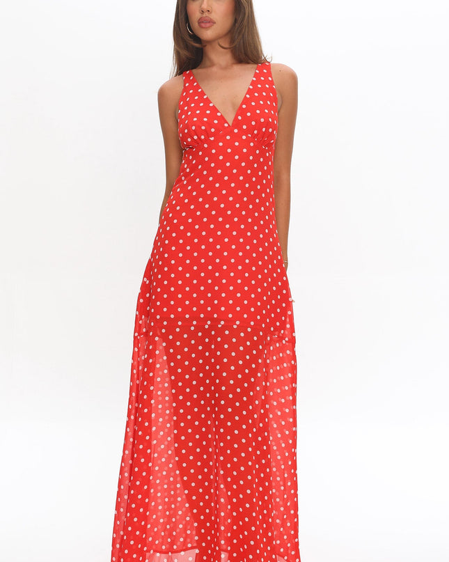 Red Rosewood V-Neckline Maxi Dress Polka Dot