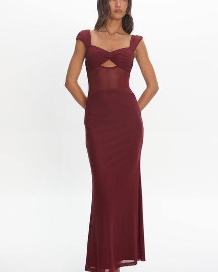 Wine Mesh Waist Maxi Dress