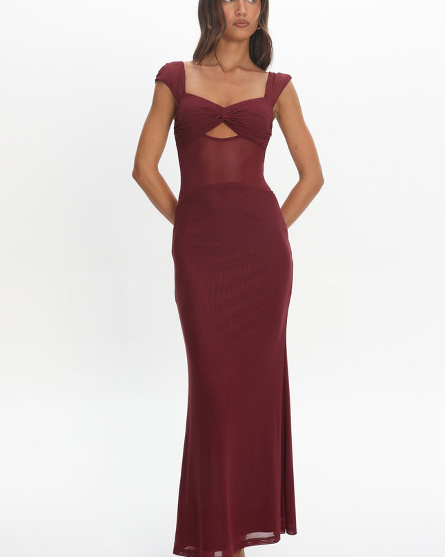 Wine Mesh Waist Maxi Dress