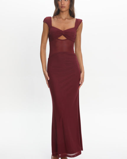 Wine Mesh Waist Maxi Dress