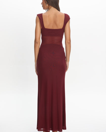Wine Mesh Waist Maxi Dress