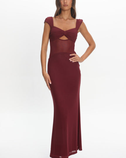 Wine Mesh Waist Maxi Dress