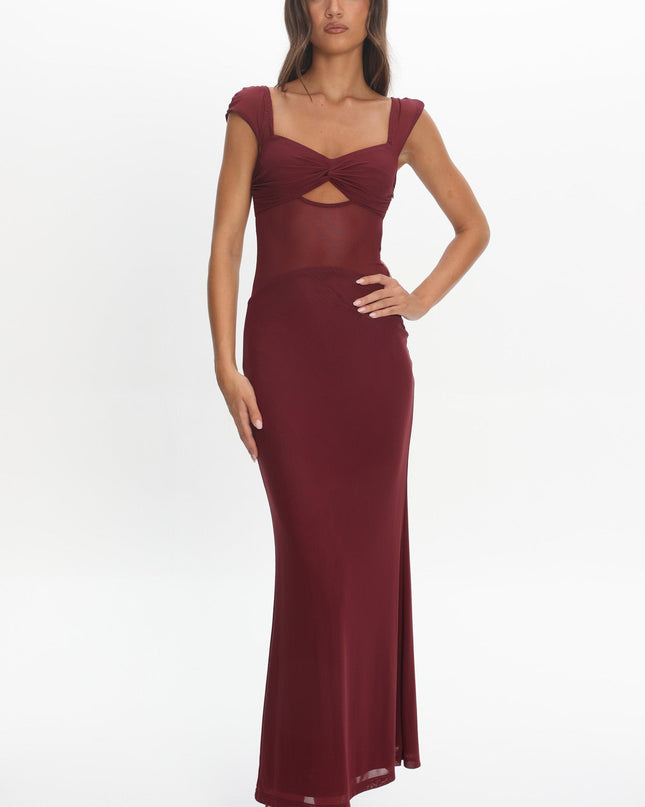 Wine Mesh Waist Maxi Dress