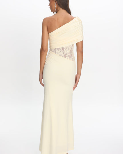 Butter Asymmetric Neckline Lace Maxi Dress