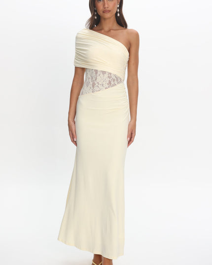 Butter Asymmetric Neckline Lace Maxi Dress