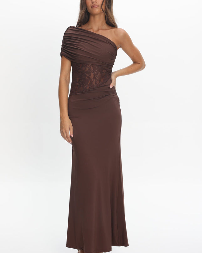 Chocolate Asymmetric Neckline Lace Maxi Dress