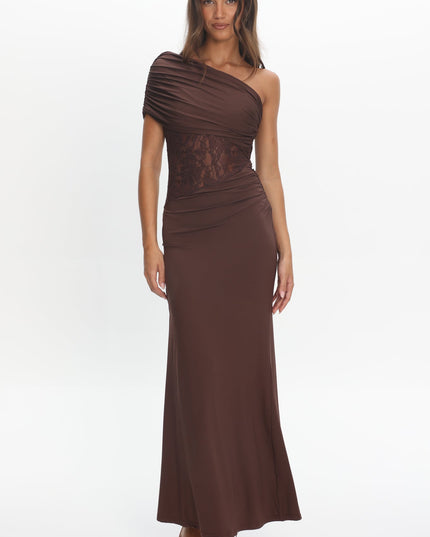 Chocolate Asymmetric Neckline Lace Maxi Dress