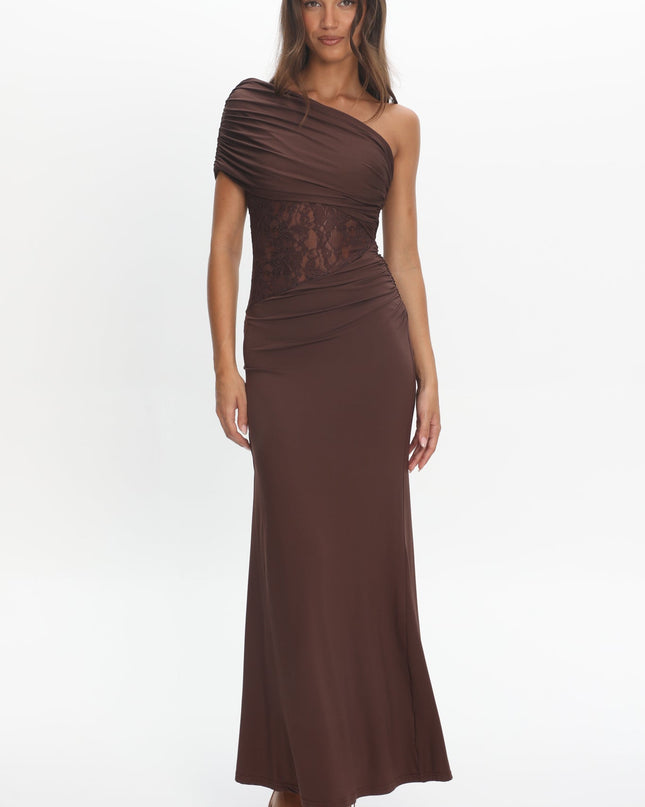 Chocolate Asymmetric Neckline Lace Maxi Dress