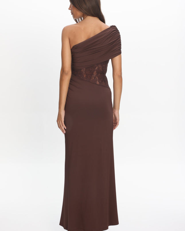 Chocolate Asymmetric Neckline Lace Maxi Dress