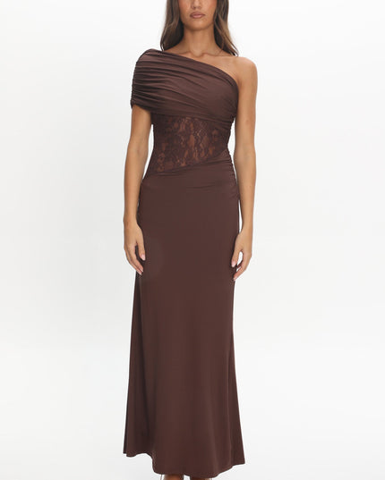 Chocolate Asymmetric Neckline Lace Maxi Dress