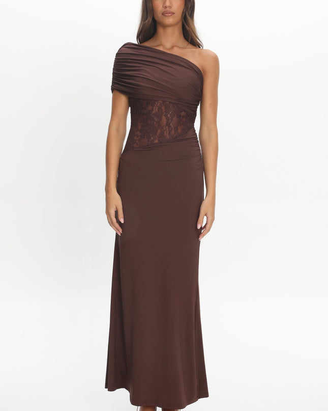 Chocolate Asymmetric Neckline Lace Maxi Dress