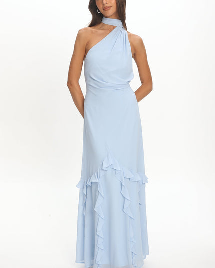 Blue One-Shoulder Ruffle Trim Maxi Dress