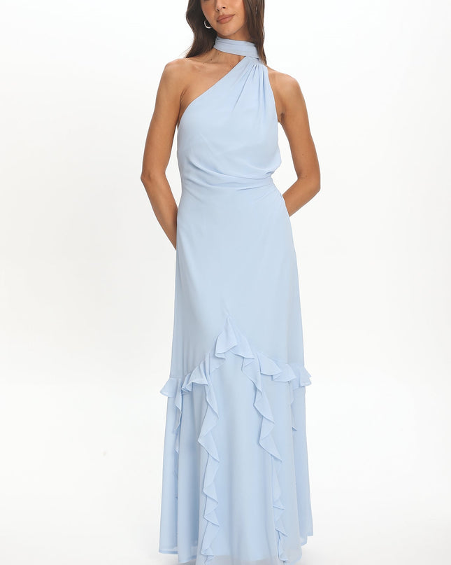 Blue One-Shoulder Ruffle Trim Maxi Dress