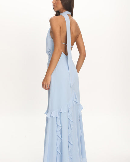 Blue One-Shoulder Ruffle Trim Maxi Dress