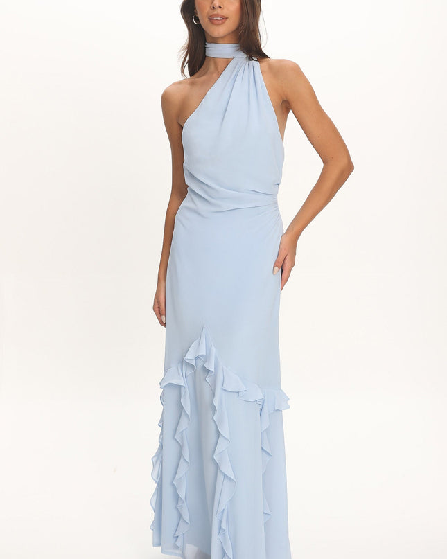 Blue One-Shoulder Ruffle Trim Maxi Dress