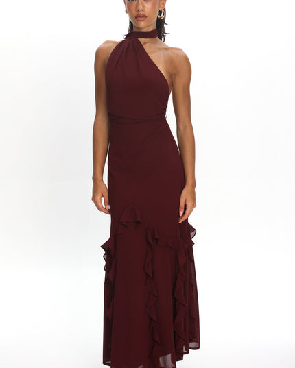Wine One-Shoulder Ruffle Trim Maxi Dress