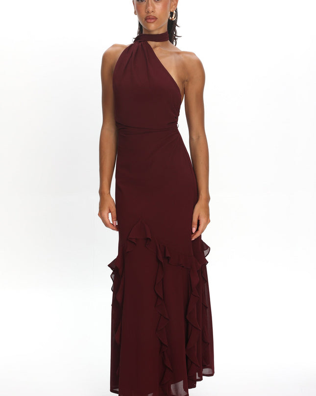 Wine One-Shoulder Ruffle Trim Maxi Dress