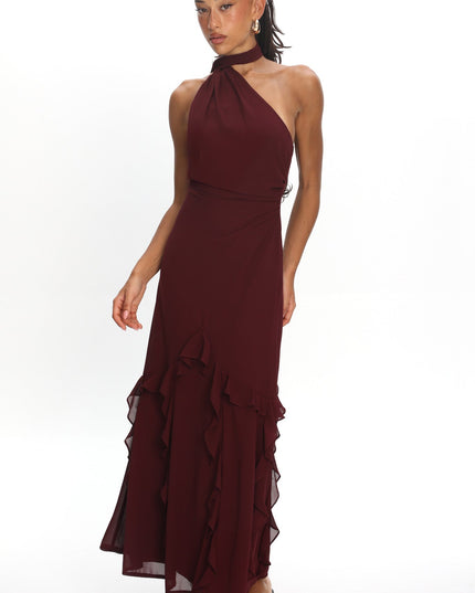 Wine One-Shoulder Ruffle Trim Maxi Dress