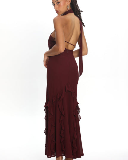 Wine One-Shoulder Ruffle Trim Maxi Dress