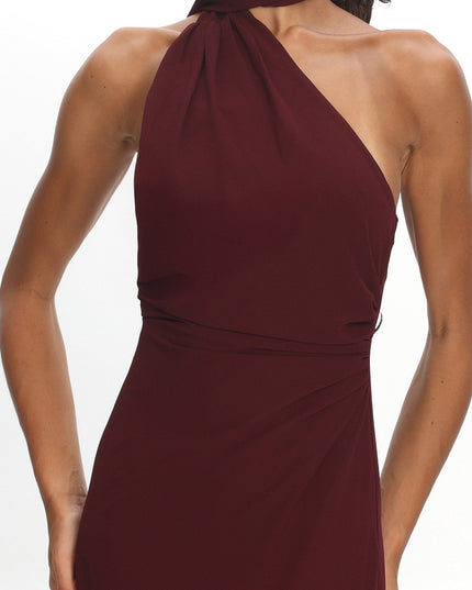 Wine One-Shoulder Ruffle Trim Maxi Dress