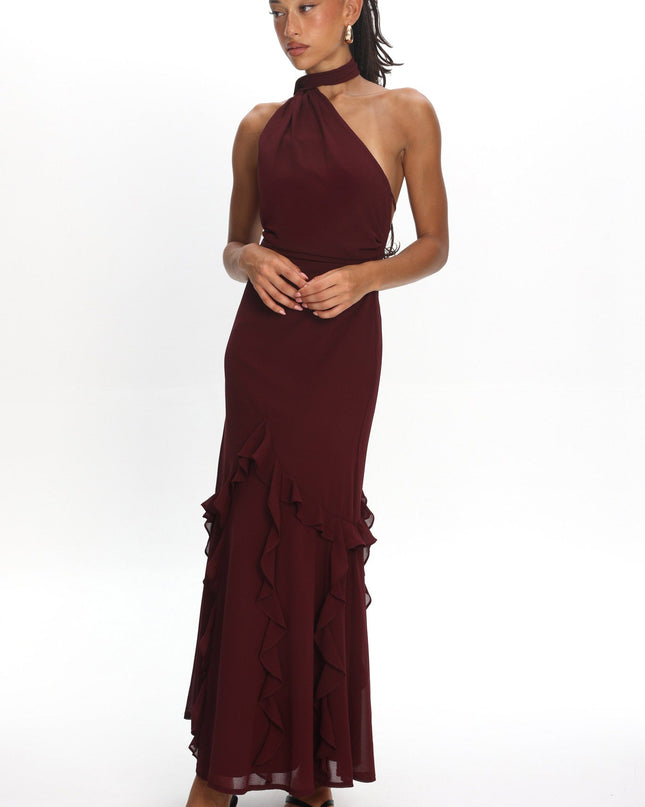 Wine One-Shoulder Ruffle Trim Maxi Dress