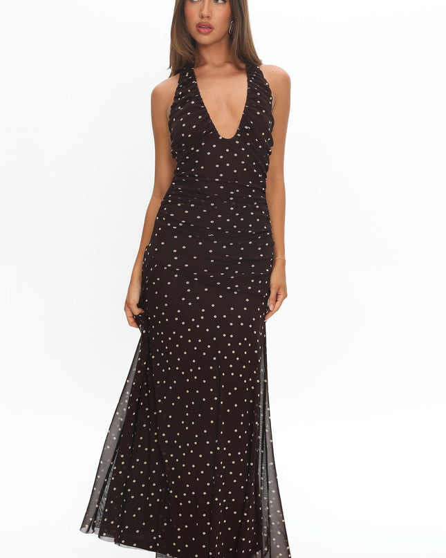 Brown Moment Plunging Halter Maxi Dress Polka Dot
