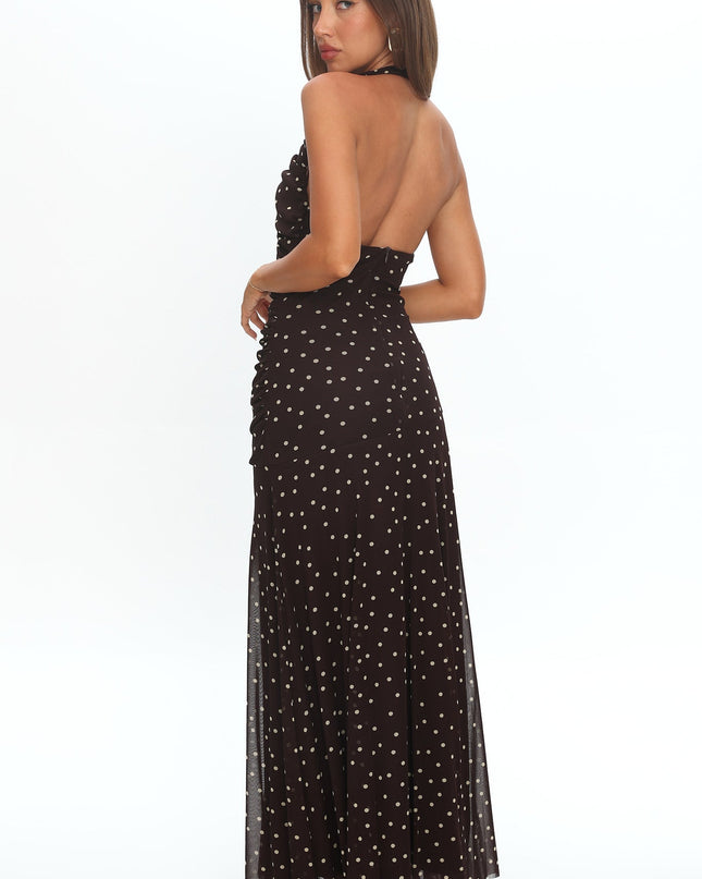 Brown Moment Plunging Halter Maxi Dress Polka Dot