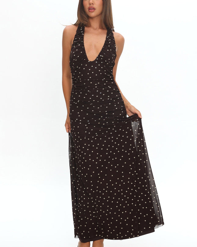 Brown Moment Plunging Halter Maxi Dress Polka Dot