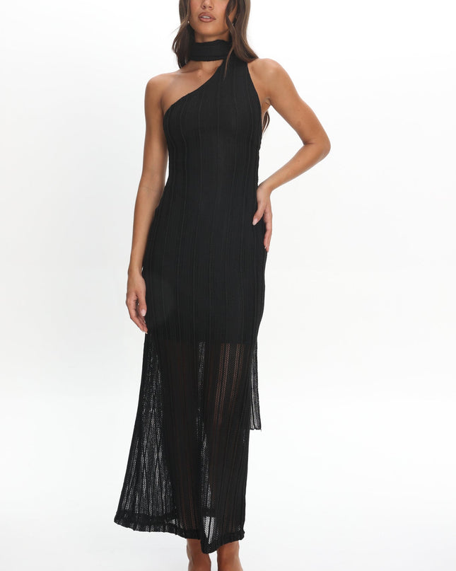Black One-Shoulder Knit Dress