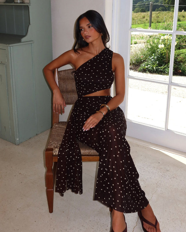 Brown One-Shoulder Cut-Out Maxi Dress Polka Dot