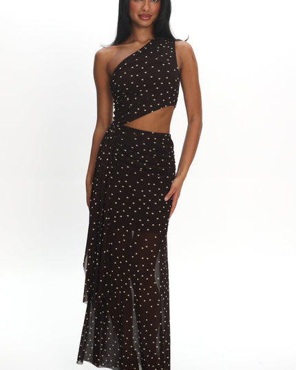 Brown One-Shoulder Cut-Out Maxi Dress Polka Dot