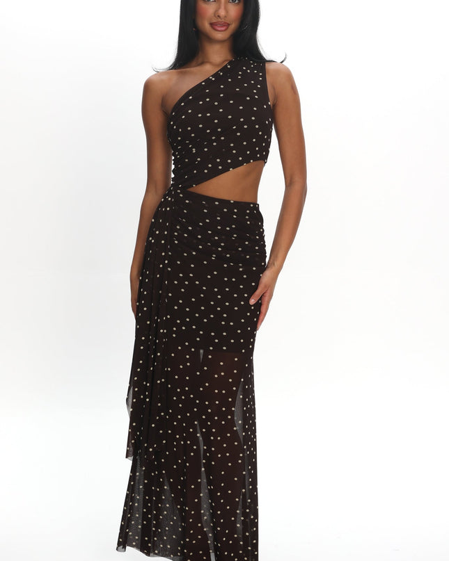 Brown One-Shoulder Cut-Out Maxi Dress Polka Dot