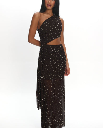 Brown One-Shoulder Cut-Out Maxi Dress Polka Dot