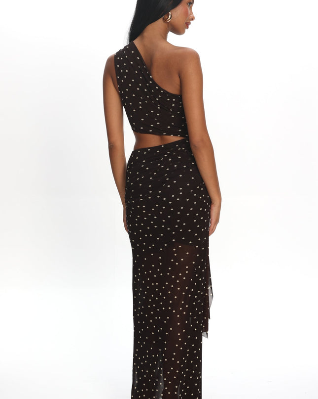 Brown One-Shoulder Cut-Out Maxi Dress Polka Dot