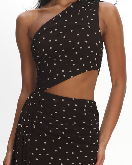 Brown One-Shoulder Cut-Out Maxi Dress Polka Dot