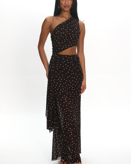 Brown One-Shoulder Cut-Out Maxi Dress Polka Dot