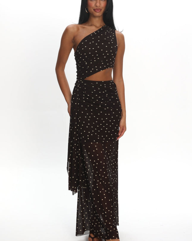 Brown One-Shoulder Cut-Out Maxi Dress Polka Dot