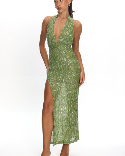 Green High Slit Halter Maxi Dress