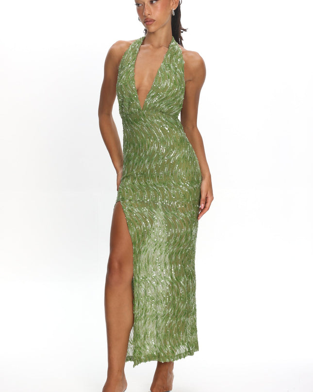 Green High Slit Halter Maxi Dress