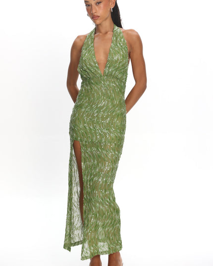 Green High Slit Halter Maxi Dress
