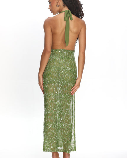 Green High Slit Halter Maxi Dress