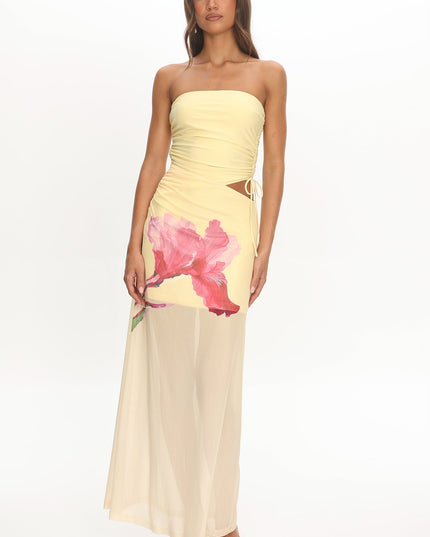 Lemon Sheer Hem Strapless Maxi Dress