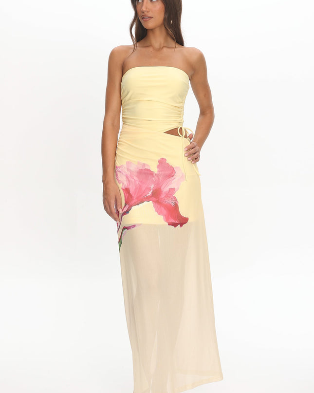 Lemon Sheer Hem Strapless Maxi Dress
