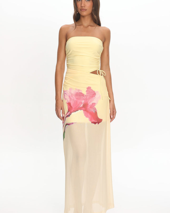 Lemon Sheer Hem Strapless Maxi Dress