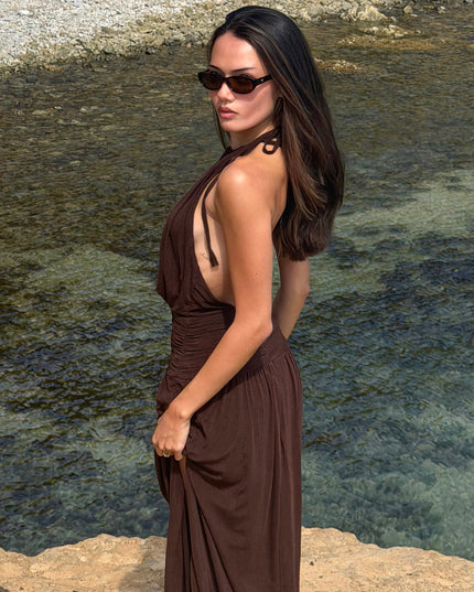 Chocolate Backless Halter Maxi Dress