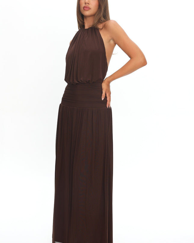 Chocolate Backless Halter Maxi Dress