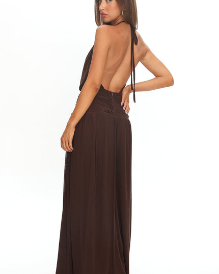 Chocolate Backless Halter Maxi Dress