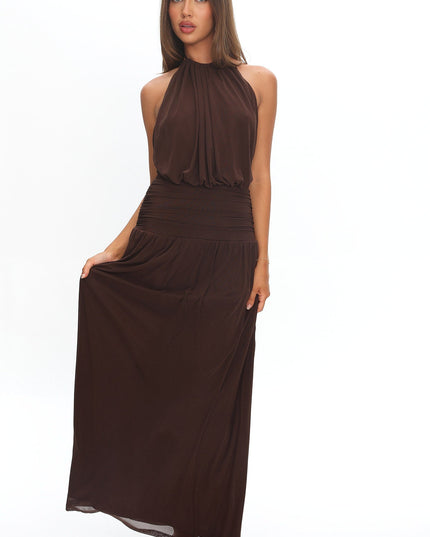 Chocolate Backless Halter Maxi Dress