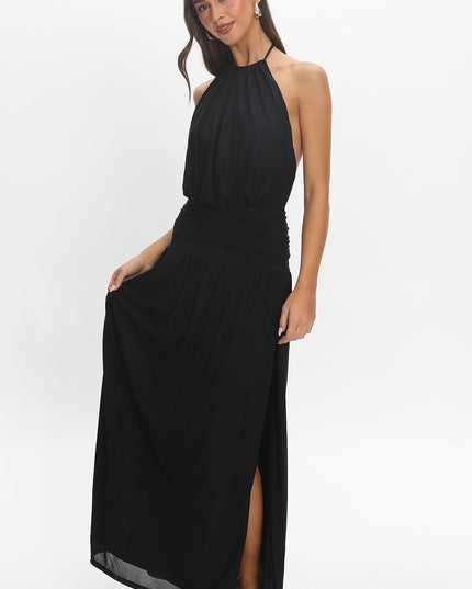 Black Backless Halter Maxi Dress