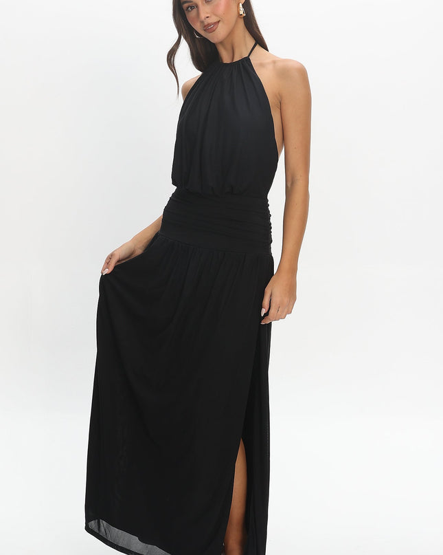 Black Backless Halter Maxi Dress